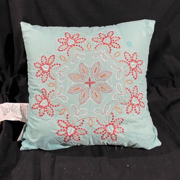 Throw Pillow Aqua Pink Embroidered Orange White Flower Snowflake Floral Design - Picture 1 of 3